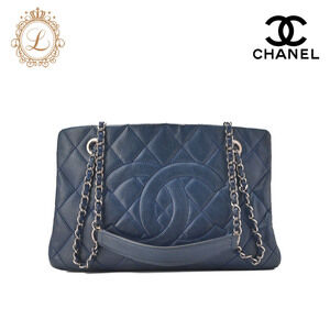 Chanel Matelasse Double Chain Shoulder Bag Caviar Coco Mark Navy Blue